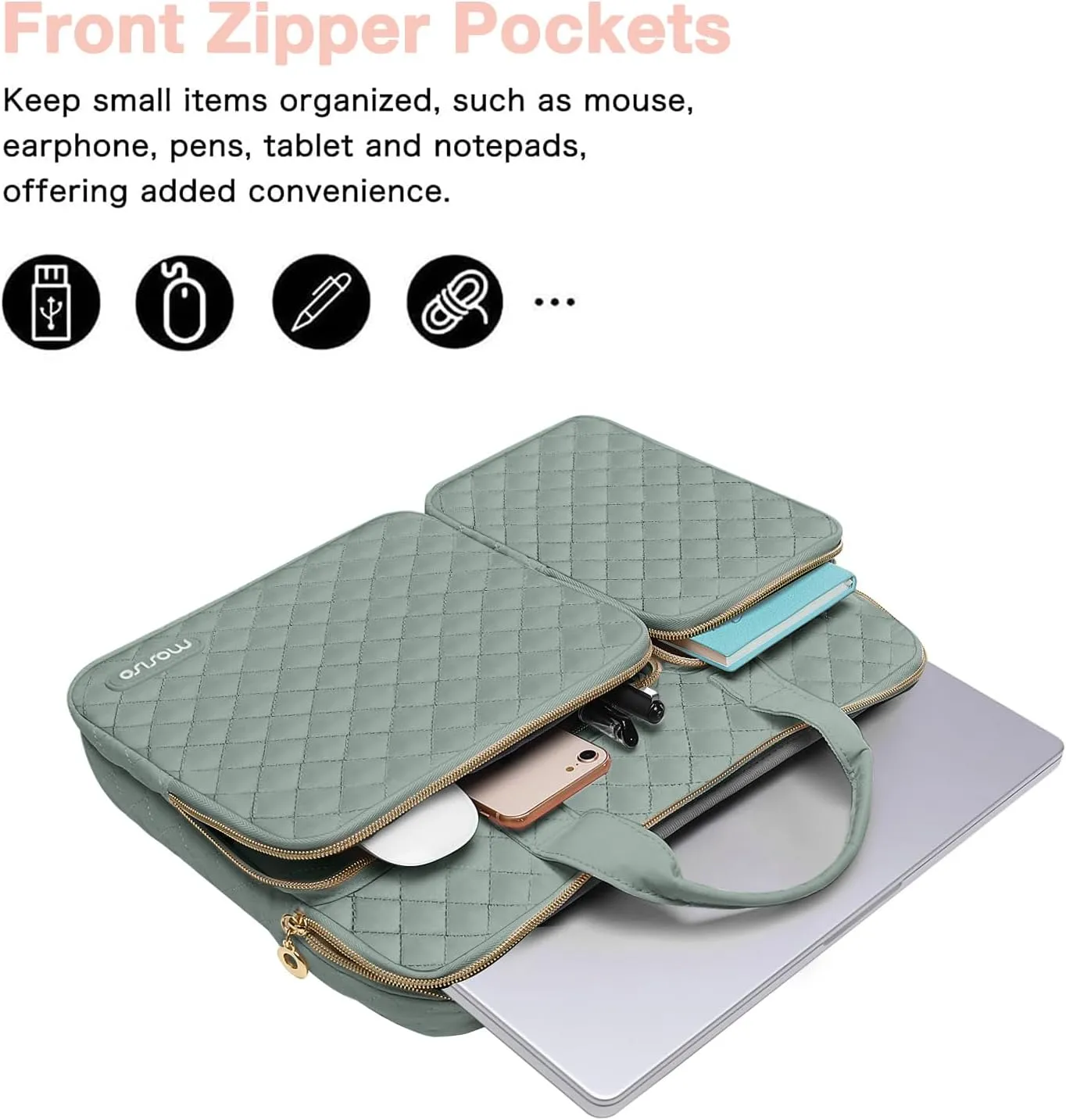 MOSISO 360 Protective Laptop Sleeve Compatible with MacBook Air 13 inch M3 M2 M1 2024-2018/Pro 13 M2 M1 2024-2016,Surface Pro 8/7/6/X/5/4/3, Square Quilted Bag with 2 Pockets&Handle&Belt,Antique Green