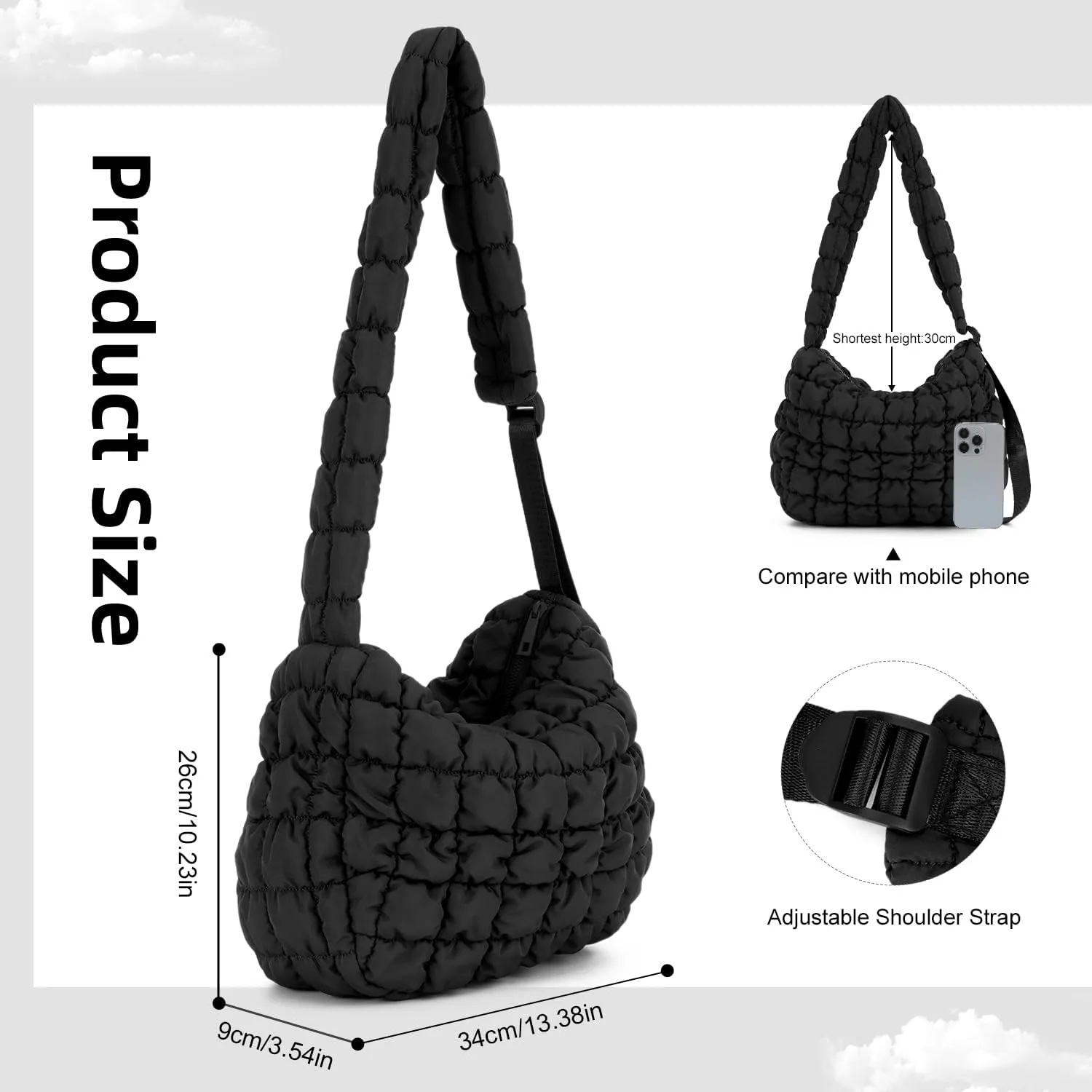 Oweisong Women Puffer Tote Bag Puffy Quilted Handbag Tote Lightweight Carryall Bag Large Hobo Crossbody Bag