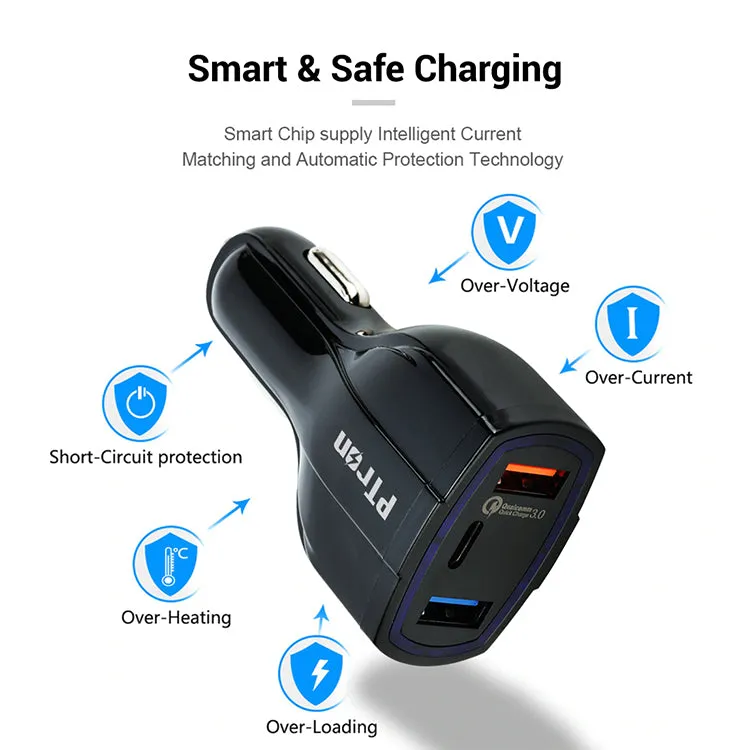 PTron Bullet Pro Quick Charge 3.0, 36W, 3 Port USB Smart Car Charger for All Smartphones (Black)