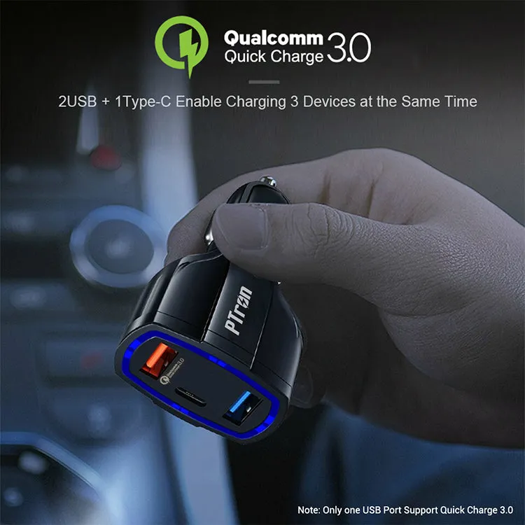 PTron Bullet Pro Quick Charge 3.0, 36W, 3 Port USB Smart Car Charger for All Smartphones (Black)