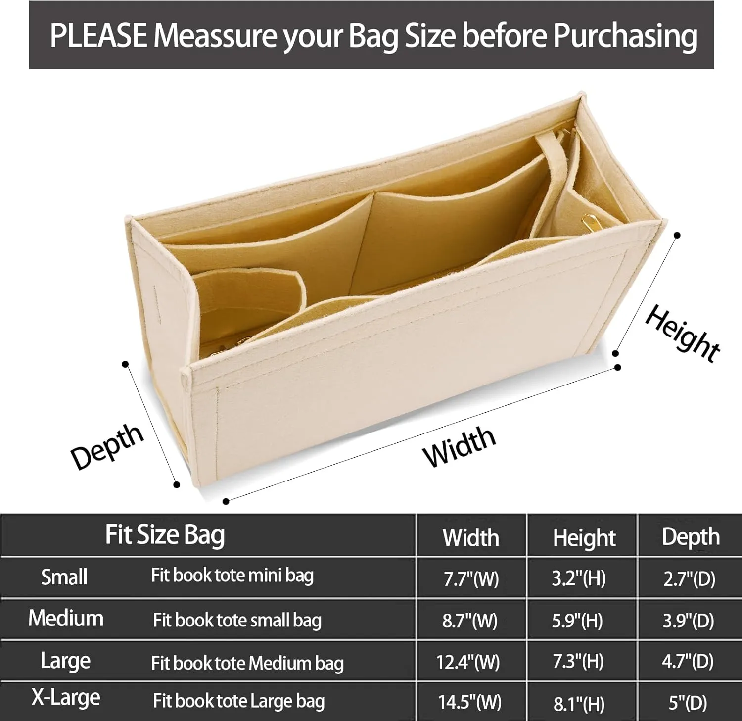Purse Insert Organizer for Medium Dior Book Tote Bag, Premium Felt Insert with Multiple Pockets (Large, Khaki)