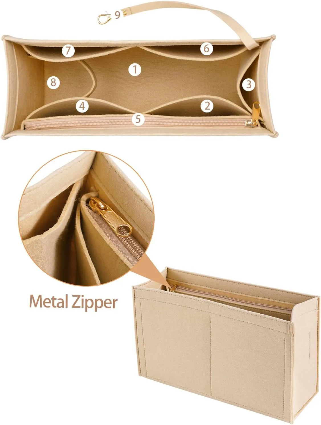 Purse Insert Organizer for Medium Dior Book Tote Bag, Premium Felt Insert with Multiple Pockets (Large, Khaki)