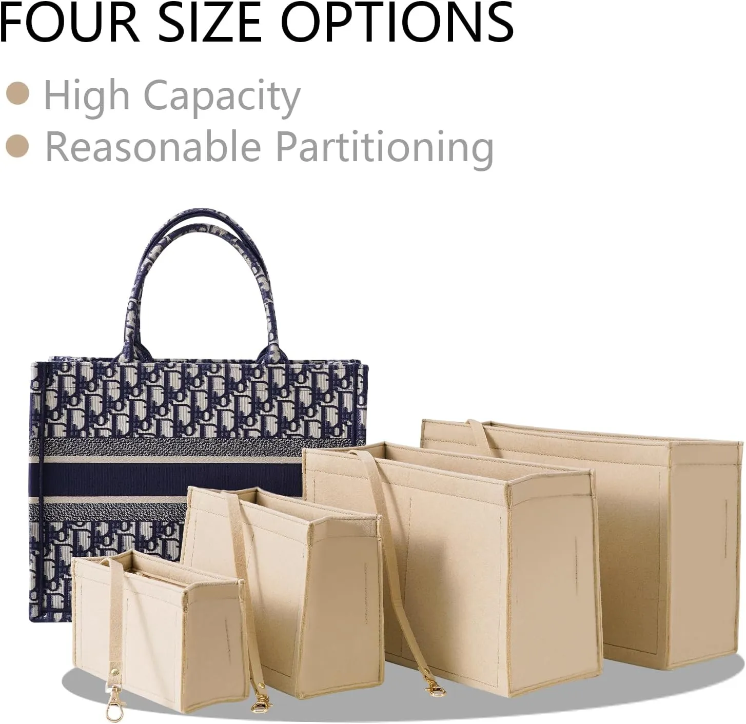 Purse Insert Organizer for Medium Dior Book Tote Bag, Premium Felt Insert with Multiple Pockets (Large, Khaki)