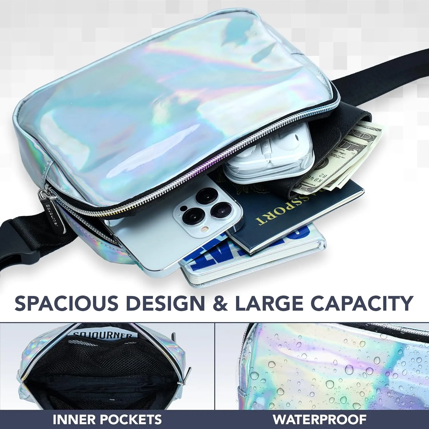 Rave Holgraphic Silver Crossbody Belt Bag for Women  Stylish Fanny Pack, Functional and Fashion Waist Packs for Travel, Festivals, and Everyday Use