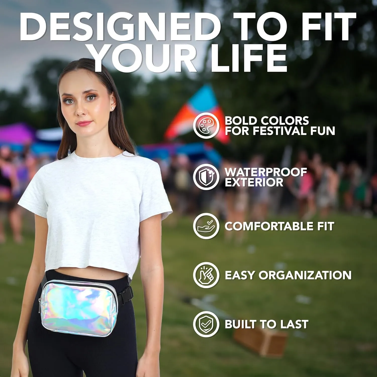 Rave Holgraphic Silver Crossbody Belt Bag for Women  Stylish Fanny Pack, Functional and Fashion Waist Packs for Travel, Festivals, and Everyday Use