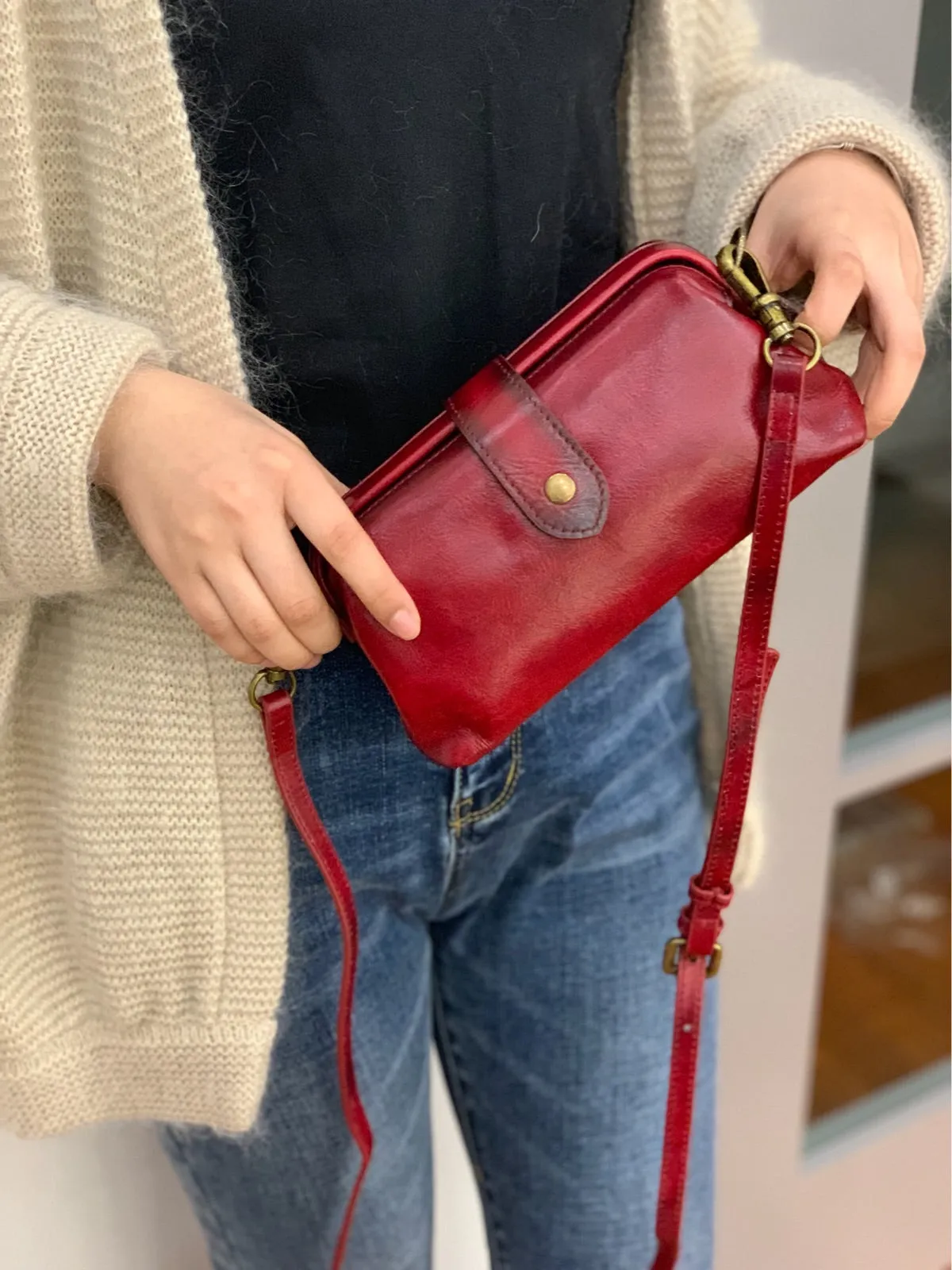 Real Leather Small Clip Satchel Crossbody Bag For Women