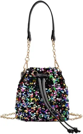 Sequin Bucket Bag Glitter Drawstring Shoulder Purse Bag Sparkle Mini Shopping Pouch Handbag with Detachable Chain Strap