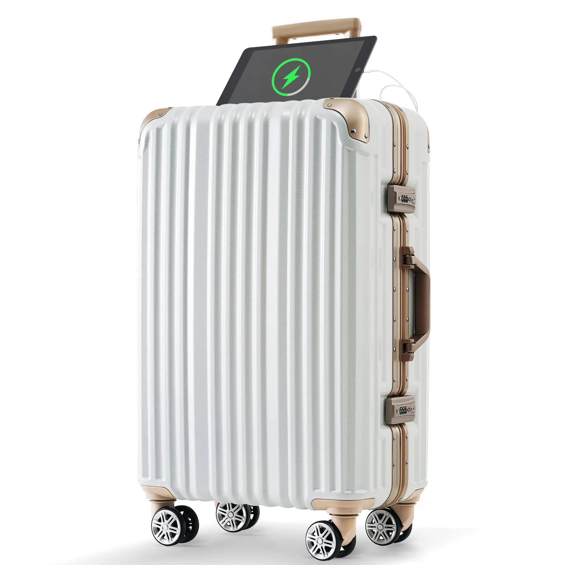 Stylish 20-Inch USB Charging Aluminum Frame Spinner Suitcase with TSA Lock - Ideal for Business Trips and Beach Getaways