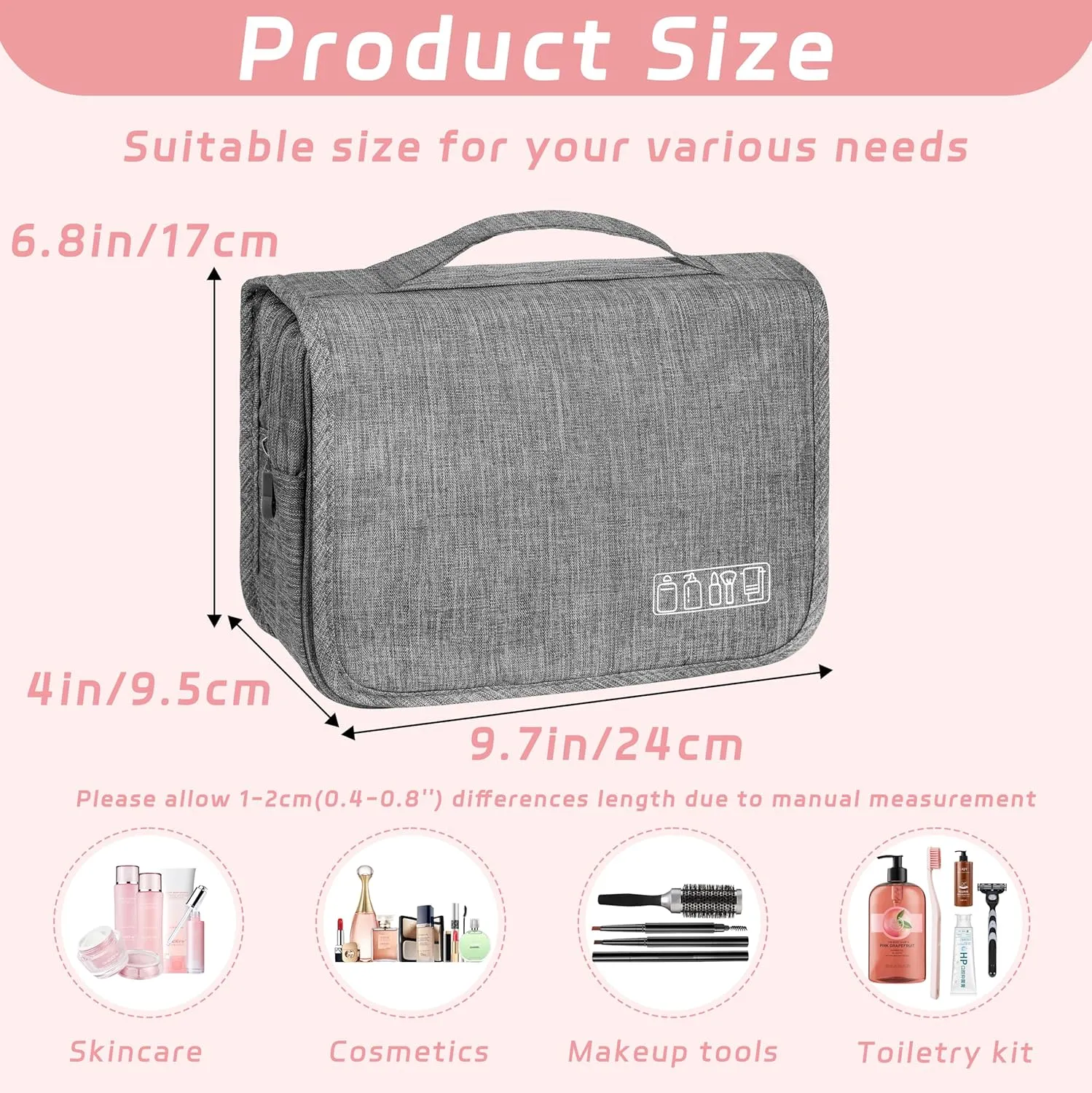Toiletry Bag Travel Bag with Hanging Hook, Waterproof Capacity Hanging Multifunctional Makeup Bag for Toiletries, Portable Cosmetic Bag Travel Organizer for Women and Men(Grey)