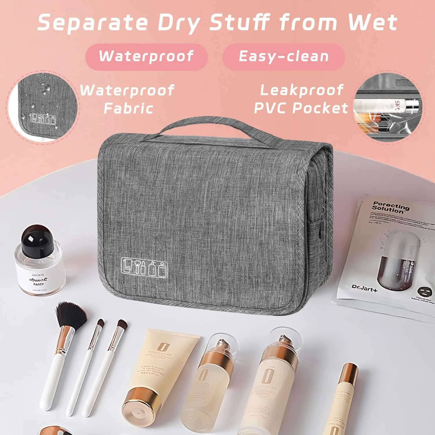 Toiletry Bag Travel Bag with Hanging Hook, Waterproof Capacity Hanging Multifunctional Makeup Bag for Toiletries, Portable Cosmetic Bag Travel Organizer for Women and Men(Grey)