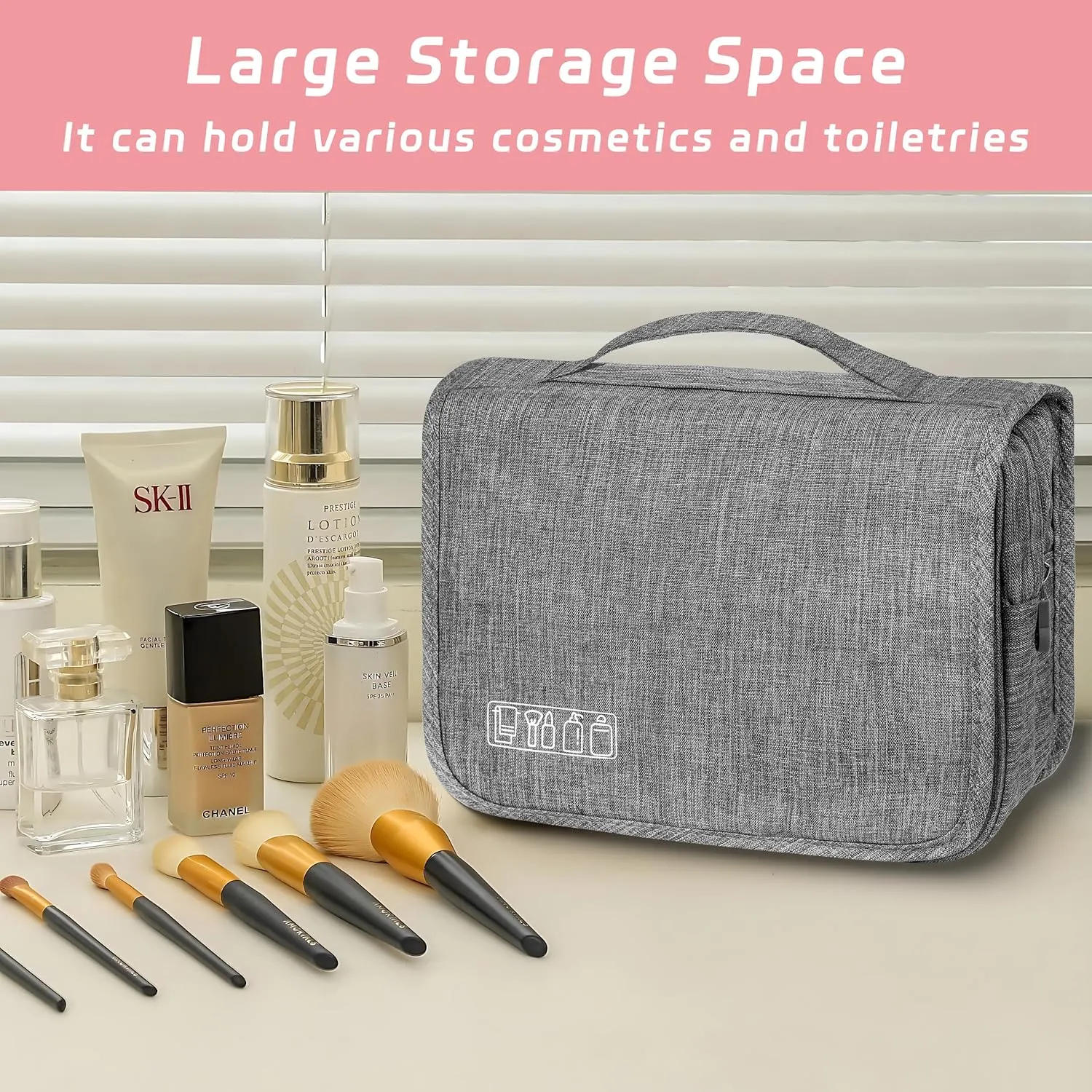 Toiletry Bag Travel Bag with Hanging Hook, Waterproof Capacity Hanging Multifunctional Makeup Bag for Toiletries, Portable Cosmetic Bag Travel Organizer for Women and Men(Grey)