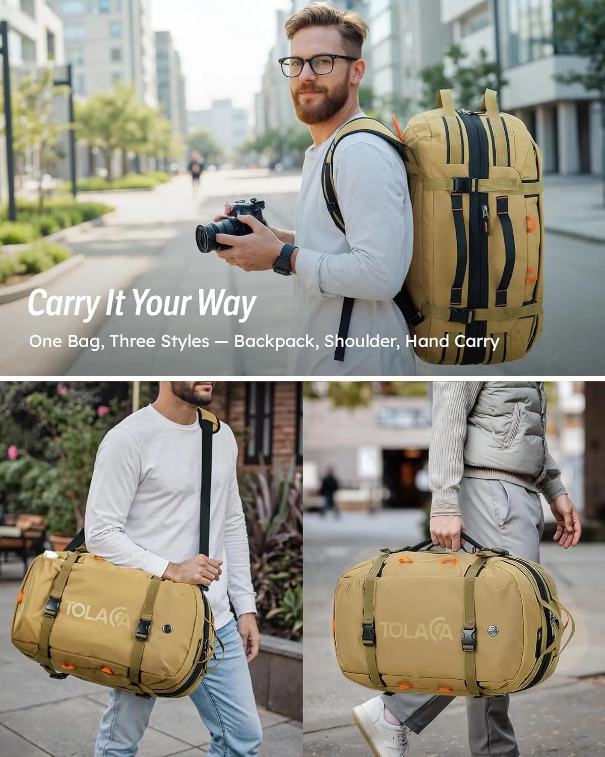 Tolaccea Travel Laptop Backpack, Large Carry on Backpack Flight Approved Convertible Duffle Luggage Bag Daypack Work Business Rucksack Fits 16" Laptop for Men Women 3 Carrying Ways, 40L-50L Expandable