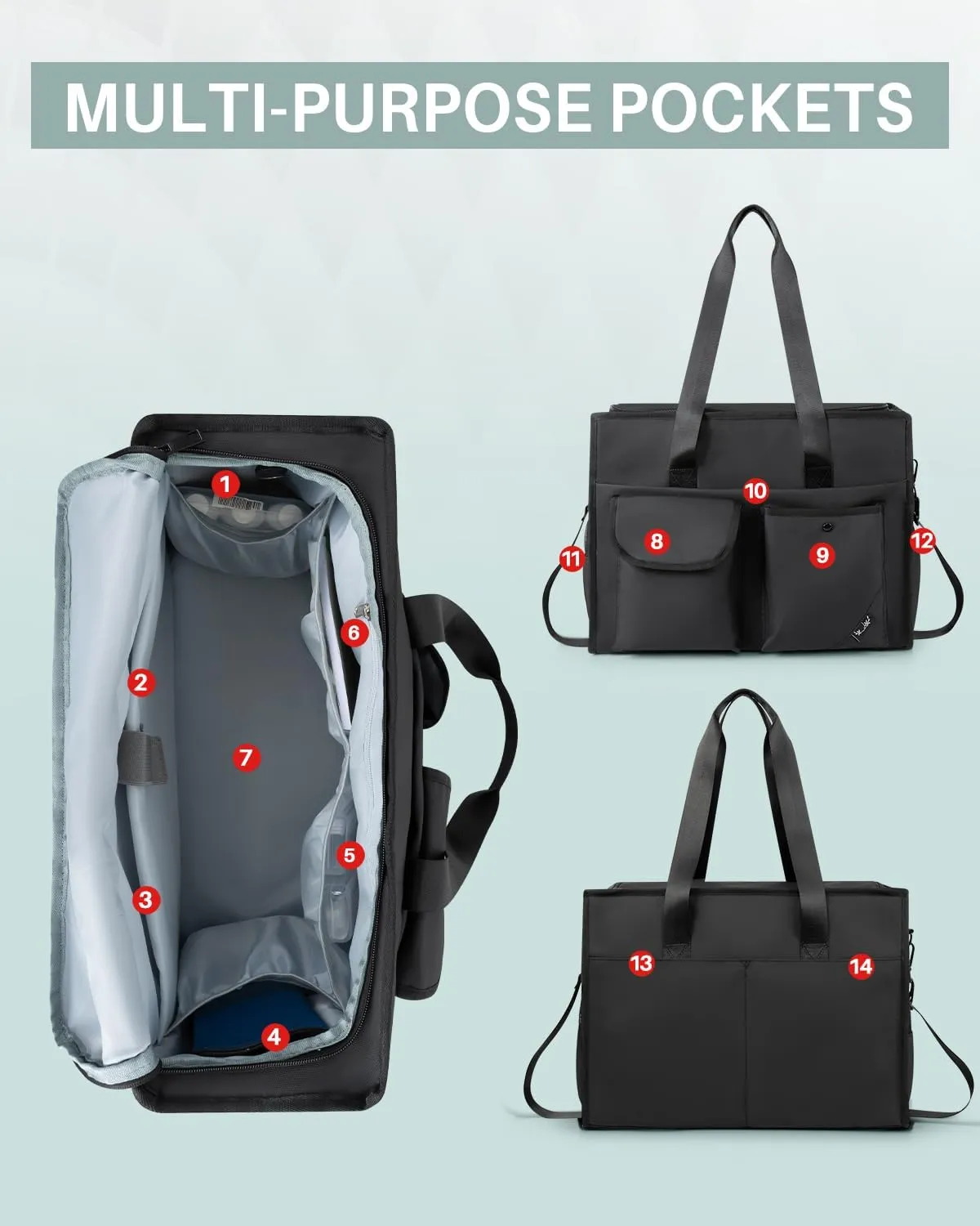 Tote bag, Work Tote Bags for Women with 15 Pockets, Tote Bag with Zipper for Nurse, Travel