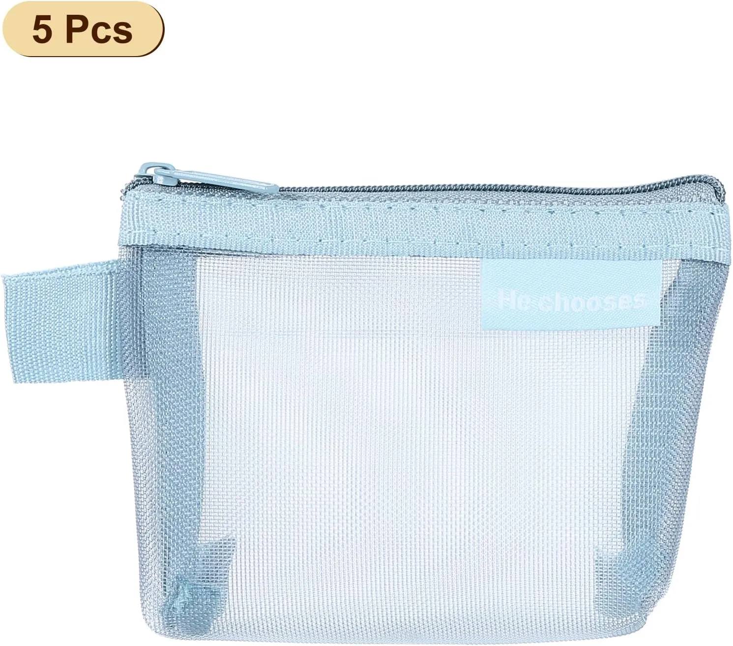 uxcell Mini Zipper Mesh Bag 3" x 5", 5 Pcs Nylon Small Makeup Zipper Mesh Pouch Cosmetic Case Mesh Storage Bags for Earphone, Credit Card, Light Blue
