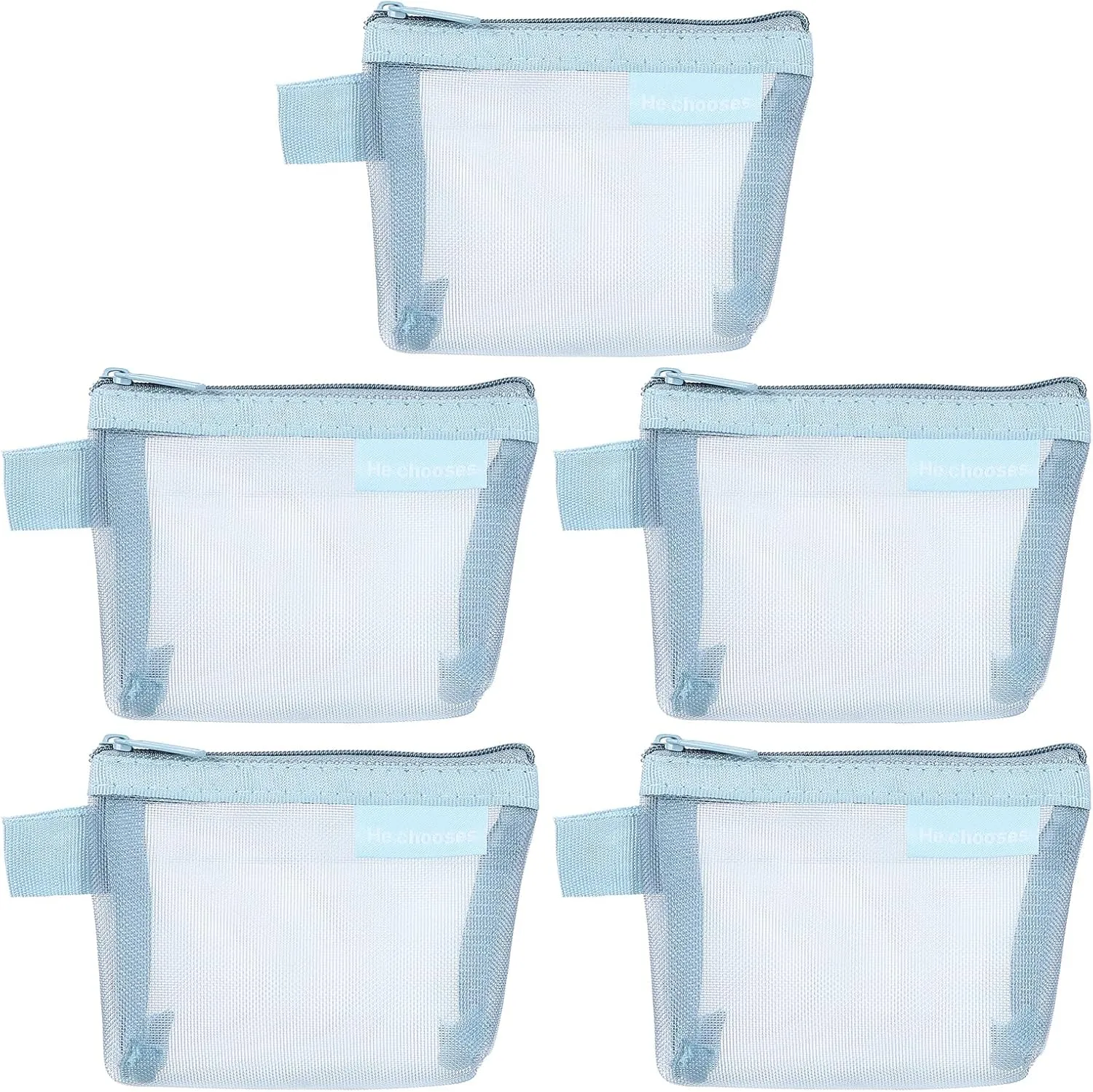 uxcell Mini Zipper Mesh Bag 3" x 5", 5 Pcs Nylon Small Makeup Zipper Mesh Pouch Cosmetic Case Mesh Storage Bags for Earphone, Credit Card, Light Blue