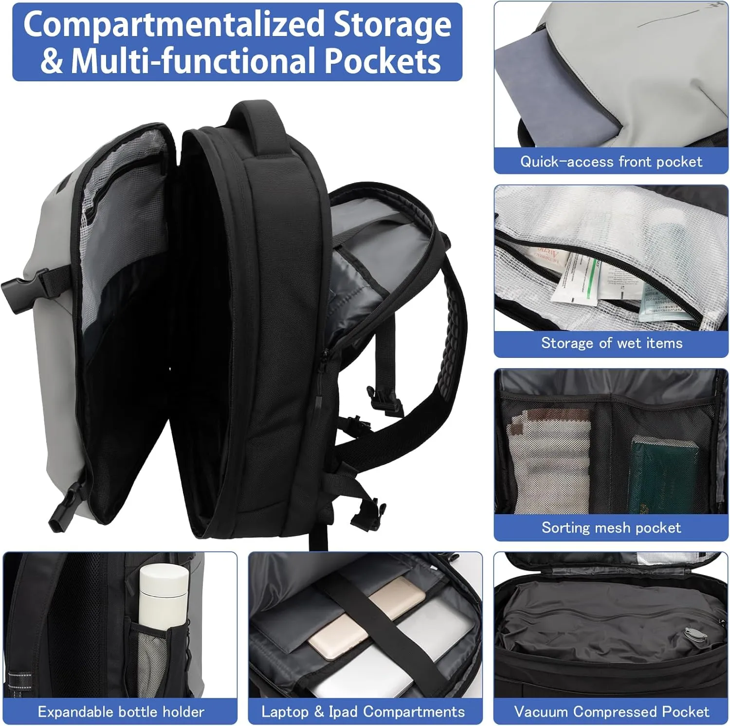 Vacuum Backpack Travel, Lightweight Waterproof Airback with Pump, 60L Expandable Compression Bag for Travel, TSA Friendly Flight Approved, Work, Business Trip, Commute