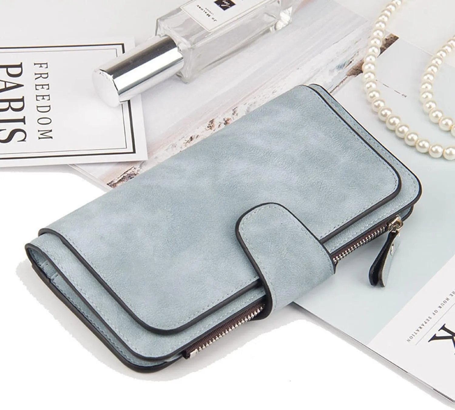 VESNIBA Ladies Vegan Long Leather Wallet,Women's RFID Blocking Cash ID Credit Card Holder Wallet for Women Soft Clutch Wallet with Zipper Coin Pocket Fashion Purse ID Window Holder Elegant Clutch (B)