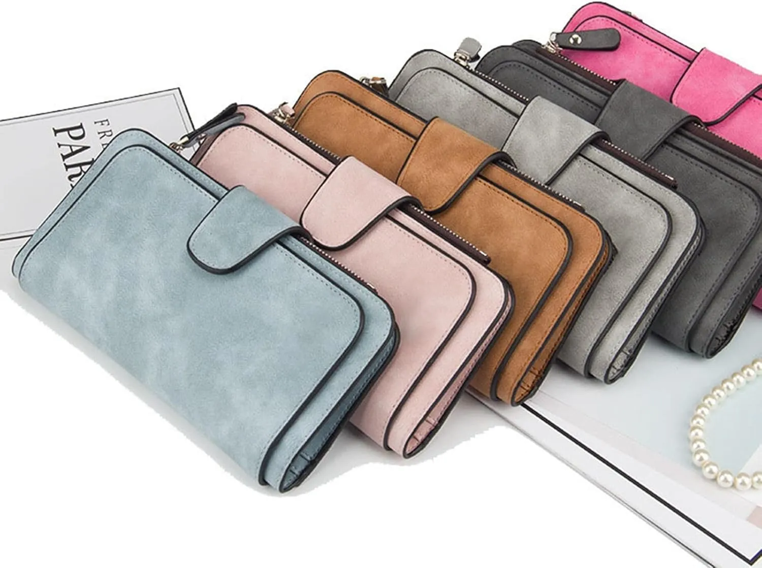 VESNIBA Ladies Vegan Long Leather Wallet,Women's RFID Blocking Cash ID Credit Card Holder Wallet for Women Soft Clutch Wallet with Zipper Coin Pocket Fashion Purse ID Window Holder Elegant Clutch (B)