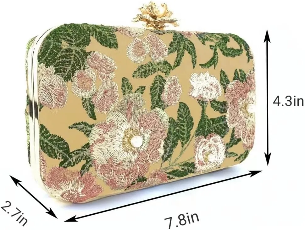 Vintage Embroidered Clutch Purse Floral Handbag Pearl Evening Chain Shoulder Bag Small Clutch Purses for Women Wedding Guest