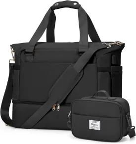 Weekender Bags for Women, Travel Duffel with Shoe Compartment USB Charging, Carry On Gym Duffle Bag with Wet Pocket, Personal Item Overnight Tote Bag for Airlines with Toiletry Bag, Black