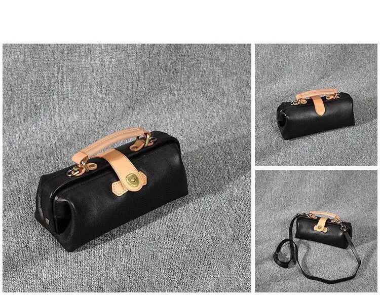 Womens Coffee Leather Mini Doctor Handbag Purses Classic Coffee Doctor Crossbody Purses for Women