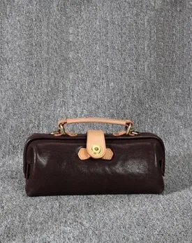 Womens Coffee Leather Mini Doctor Handbag Purses Classic Coffee Doctor Crossbody Purses for Women