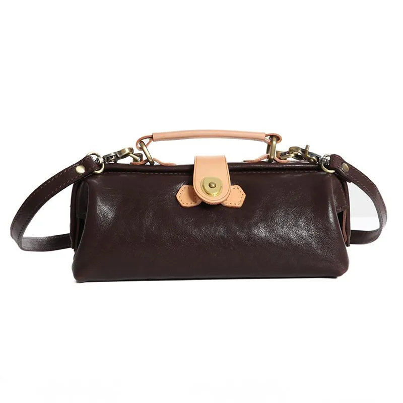 Womens Coffee Leather Mini Doctor Handbag Purses Classic Coffee Doctor Crossbody Purses for Women