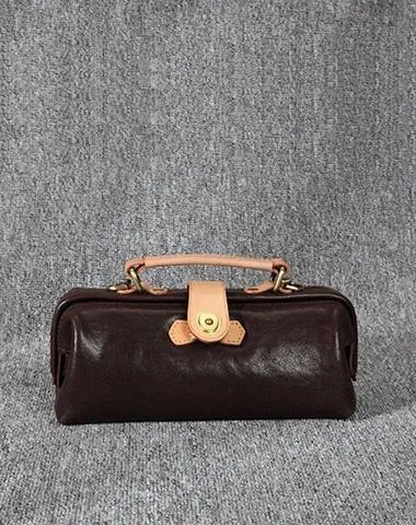 Womens Coffee Leather Mini Doctor Handbag Purses Classic Coffee Doctor Crossbody Purses for Women