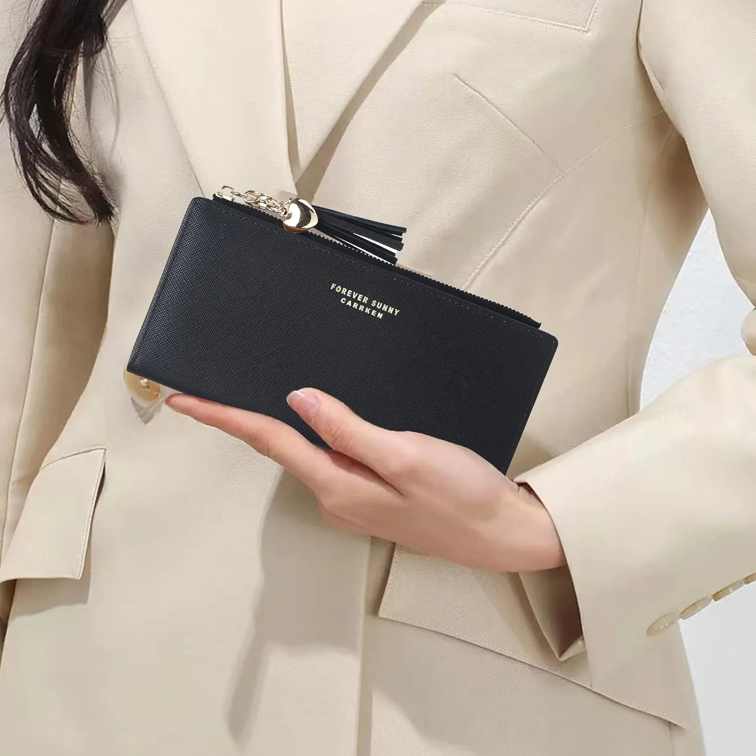 Women's Slim Wallet, Black Leather, Lightweight, Minimalist Design, 12 Credit Card Slots, ID Window, 3 Large Cash Compartments, Zipper Pocket for Coins