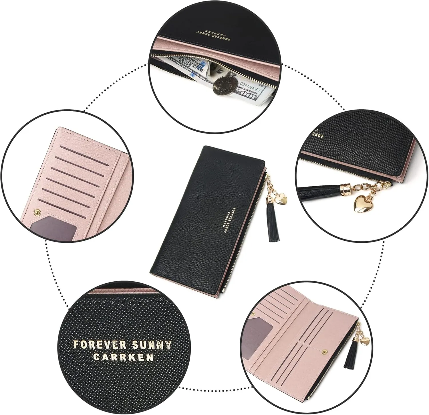 Women's Slim Wallet, Black Leather, Lightweight, Minimalist Design, 12 Credit Card Slots, ID Window, 3 Large Cash Compartments, Zipper Pocket for Coins