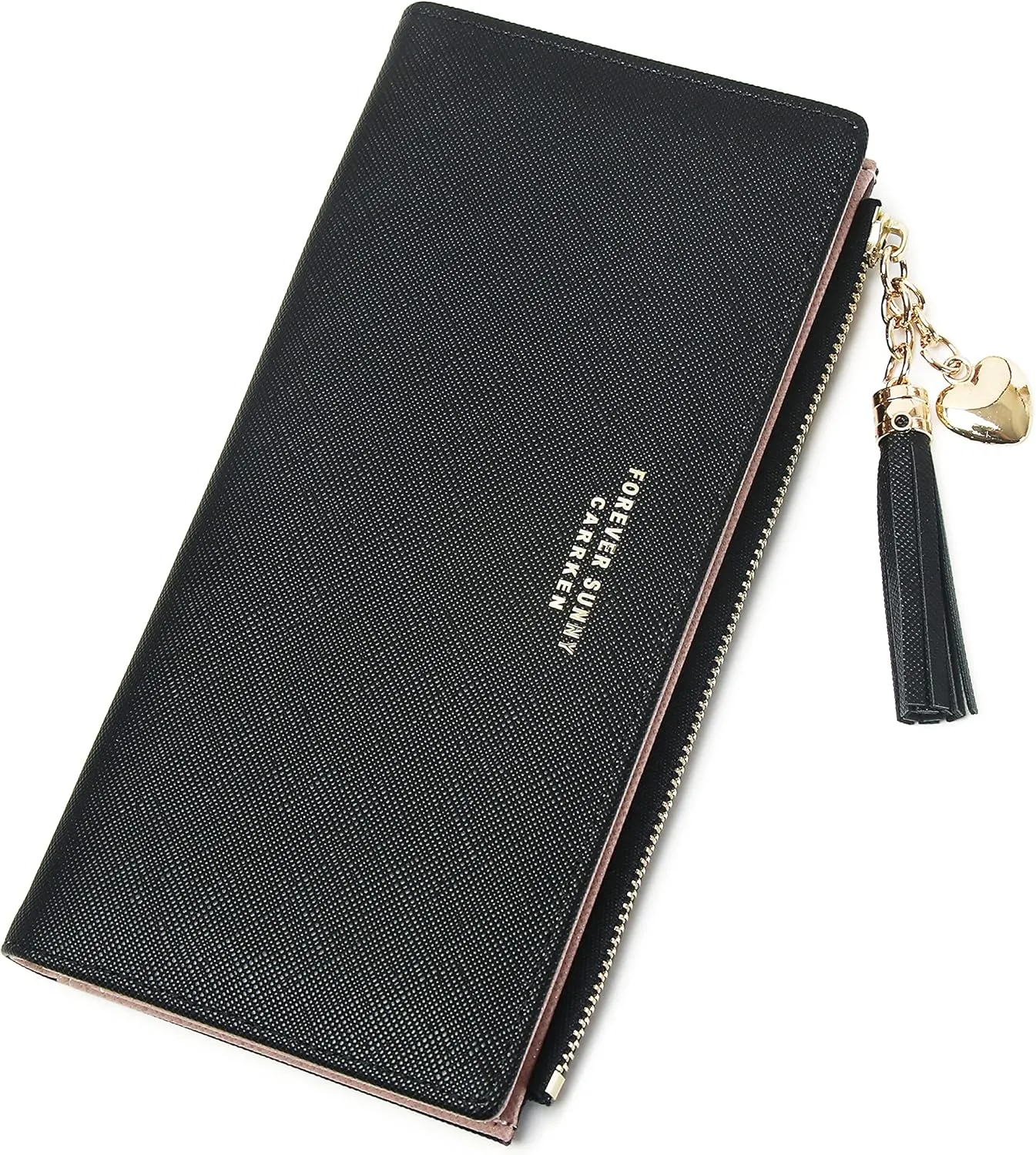 Women's Slim Wallet, Black Leather, Lightweight, Minimalist Design, 12 Credit Card Slots, ID Window, 3 Large Cash Compartments, Zipper Pocket for Coins
