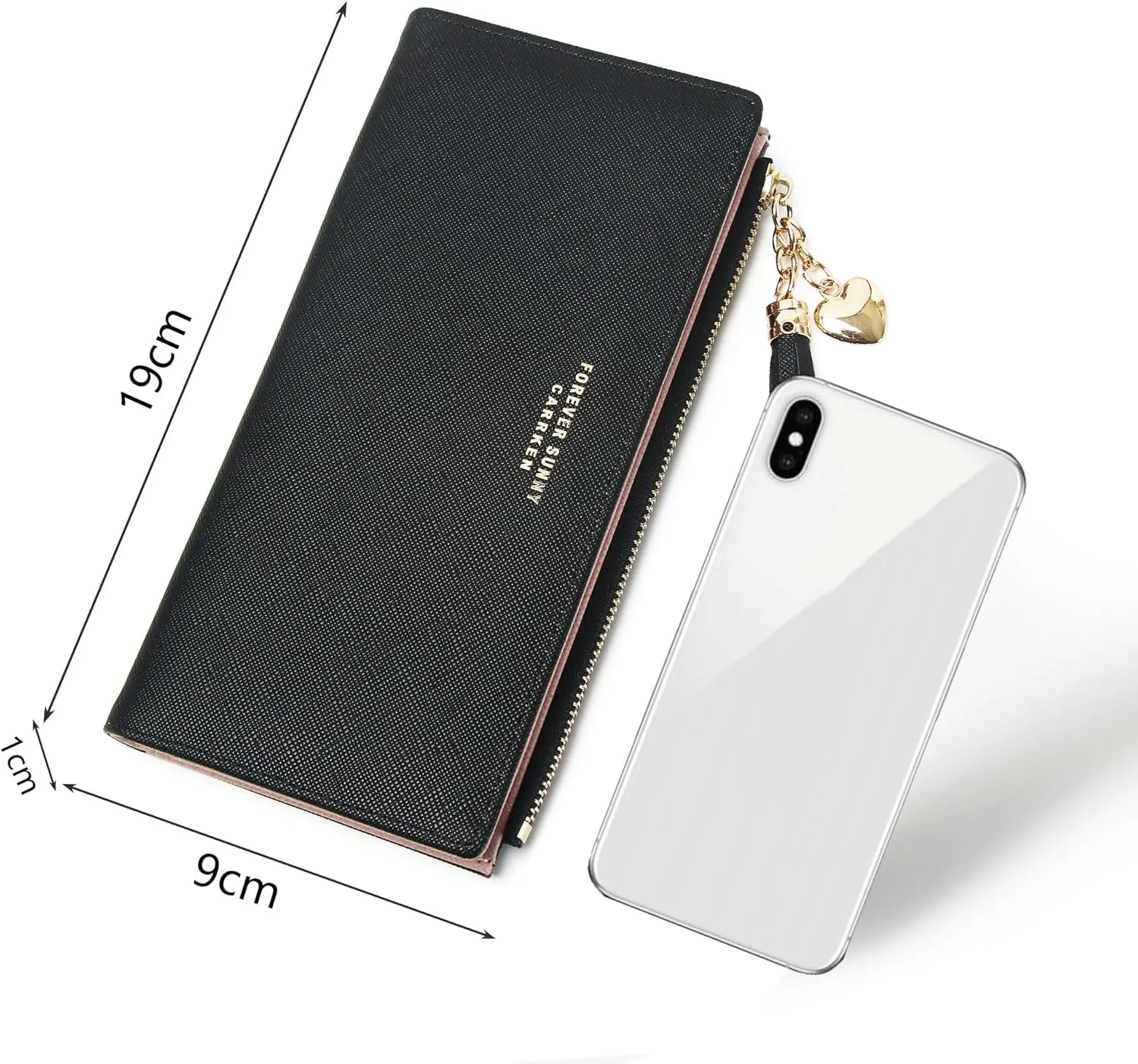 Women's Slim Wallet, Black Leather, Lightweight, Minimalist Design, 12 Credit Card Slots, ID Window, 3 Large Cash Compartments, Zipper Pocket for Coins
