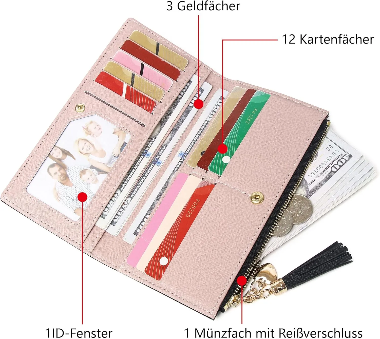 Women's Slim Wallet, Black Leather, Lightweight, Minimalist Design, 12 Credit Card Slots, ID Window, 3 Large Cash Compartments, Zipper Pocket for Coins